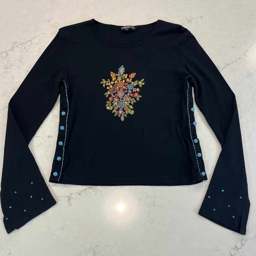 Chaudry Sports Long Sleeve Tee Womens Large Black Cotton Y2K Whimsy Goth Floral